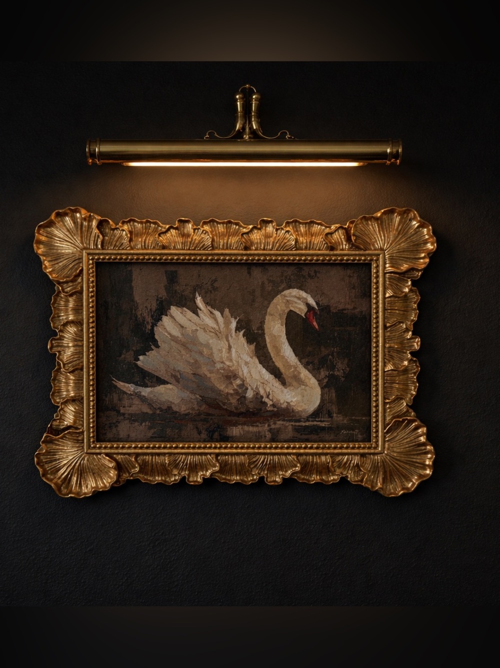14x11 Swan oil vintage inspired with flower petal ornate gold frame